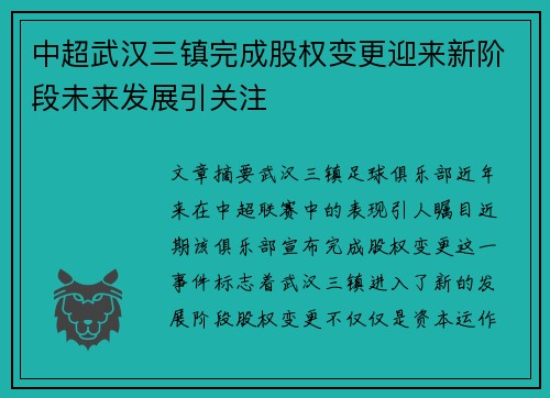 中超武汉三镇完成股权变更迎来新阶段未来发展引关注